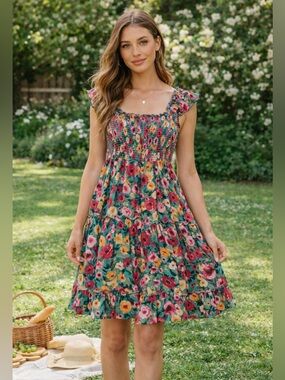 Indigo Rose Floral Smocked Boho Dress Ruffle Strap Tiered M Festival Cottagecore